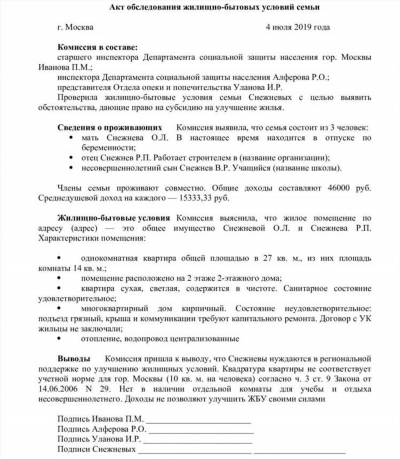 Основные моменты и требования АКТа обследования жилищно-бытовых условий семьи